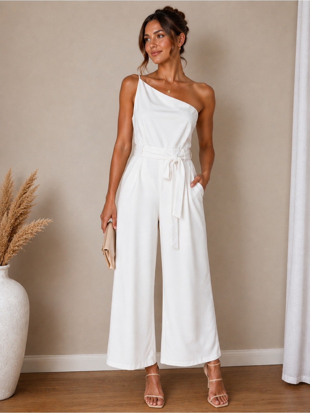 Petal & Pup One-Shoulder Cream Wide-Leg Jumpsuit with Tie Waist off-white